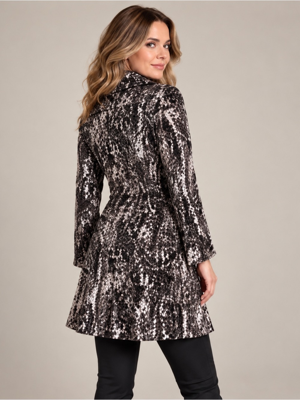 Woven Paisley Belted Duster Jacket Long Sleeve Black & Gray
